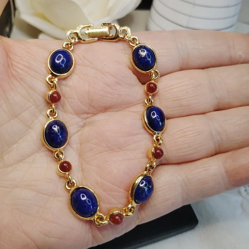 Gold‑Tone Lapis Lazuli & Carnelian Cabochon Link Bracelet, 7.5
